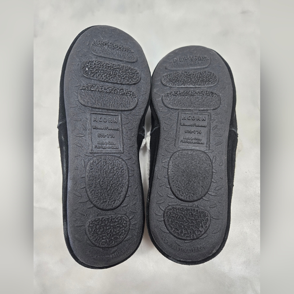 Acorn Black/Gray Knit slip on with Faux Fur Slippers. Hard sole,  Size 6.5/7.5 - Picture 5 of 7